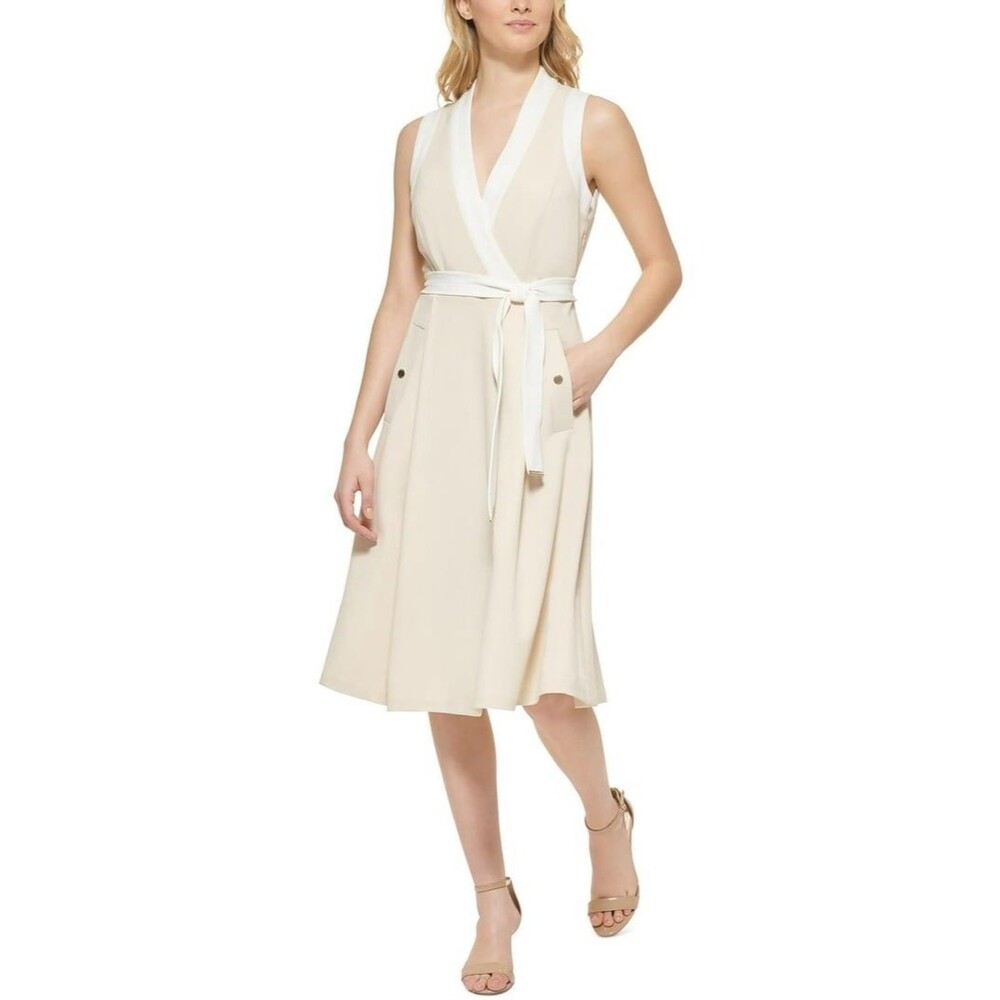 Tommy Hilfiger Dress Womens 14 Cream Faux Wrap Sleeveless Midi Belted Pockets